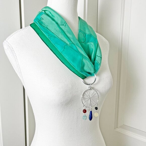 Green Sheer Scarf Kerchief w/ Convertible Dreamcatcher Gemstone Necklace Set - Picture 3 of 6